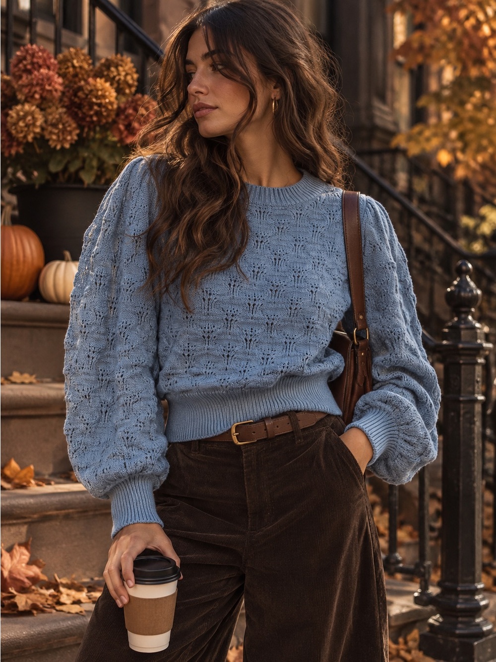 Spell Blue Pointelle Knit Sweater, Size L, 100% cotton